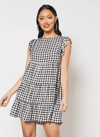 Checked Printed Mini Dress Black/White 