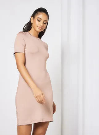 Casual Short Sleeve Mini Tee Knit Dress With Round Neck 49 Chocolate 