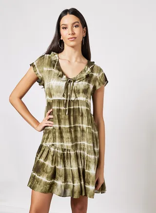 Ruffled Neckline Mini Dress Green 