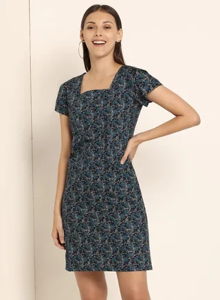 Printed Square Neck Dress Multicolour 
