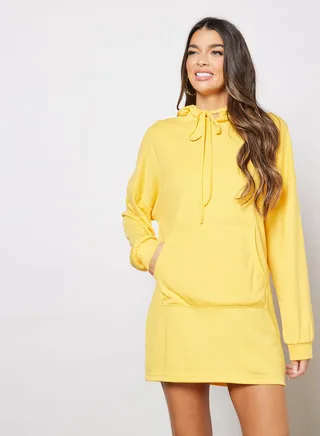 Hoodie Front Pocket Dress Yellow 