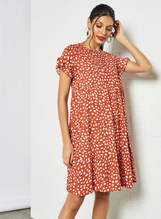 Spot Print Mini Dress Brown 