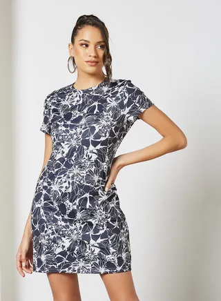 Women's Casual Short Sleeve Slim Mini Dress With Round Neck Printed Pattern Multicolour 
