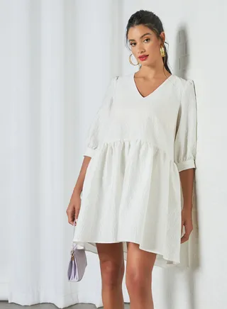 Puff Sleeve V-Neck Dress White 
