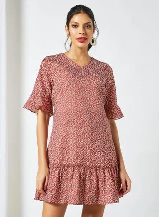 All-Over Print Mini Dress Brown 