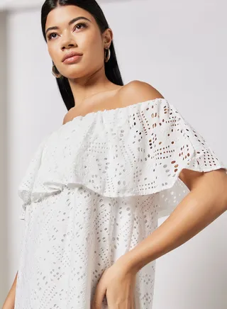 Openwork Off-Shoulder Dress White 