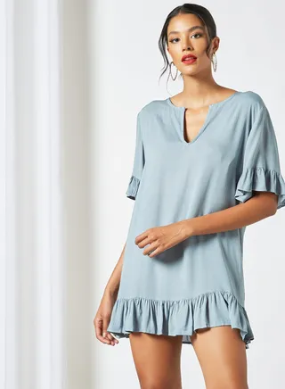 Ruffle Trim Dress Blue 