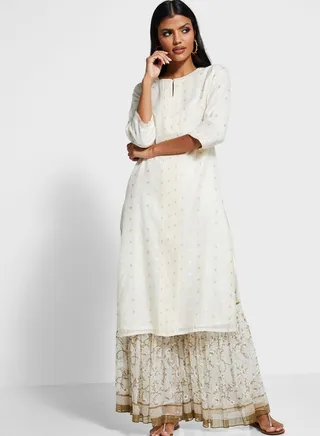 Kurtalong Cot/Silk Cutwork Straight RndNckSlt 3/Q pntck w/emb dtl 