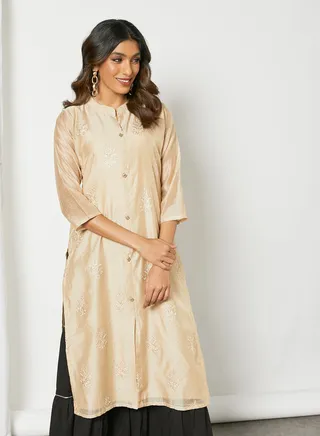 All Over Hand Embellished Mandarin Neck Kurta Beige 