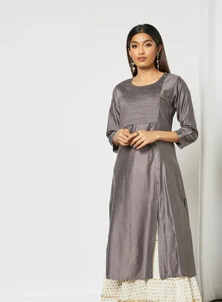 Classy Elegant Round Neck Mid Length Kurti Grey 