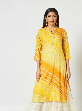 Ethnic Striped Printed Mandarin Neck Mid Length Kurta Multicolour 