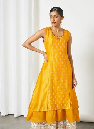 Hand Work Unique Cut Kurti Yellow 