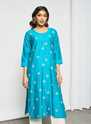 Ethnic Embroidered Detail Mid Length Kurta Blue 