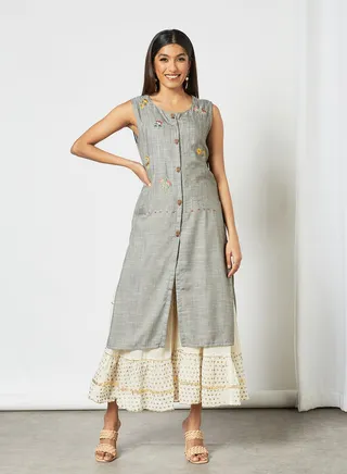 Embroidered Hand Work Sleeveless Mid Length Kurti Grey 