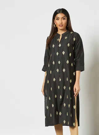 Ethnic Embroidered Mandarin Neck Three Quarter Sleeve Kurta Black 