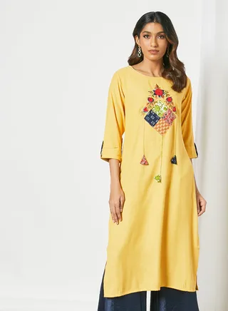 Patchwork And Handwork Kurti Yellow 
