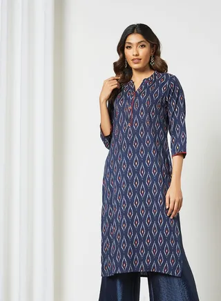 Printed Ethnic Mandarin Neck Mid Length Kurta Navy Blue 