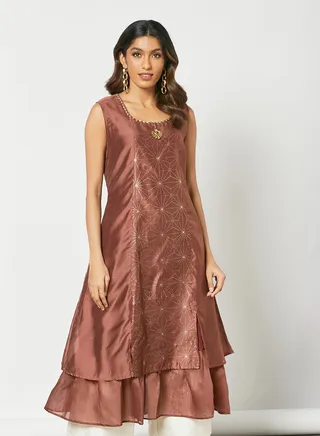 Embroidered Frill Pattern Sleeveless Mid Length Kurta Brown 