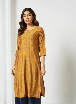 Ethnic Printed Round Neck Mid Length Kurta Mustard 