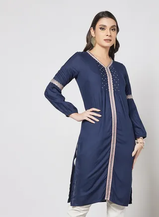Gather Detailed V-Neck Kurta Navy 