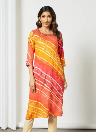 Ethnic Striped Pattern Round Neck Mid Length Kurta Multicolour 