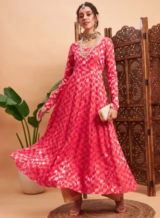 Floral Foil Print Brocade Pleat Detail Anarkali Maxi Kurta 