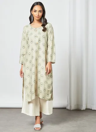 Round Neck Long Sleeve Printed Casual Kurta Light Green 