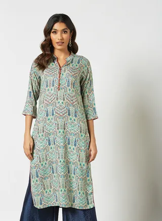Printed Ethnic Mandarin Neck Mid Length Kurta Multicolour 