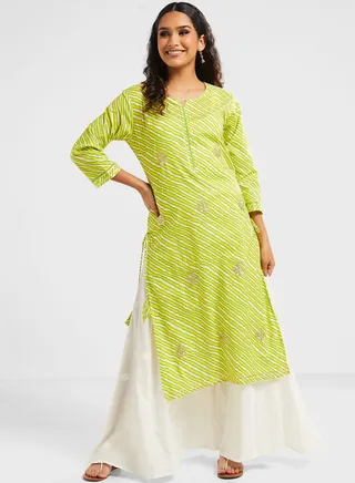 Embroidered Striped Side Slit Kurta 