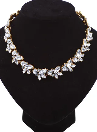 Luxury Flash Drill Leaf Temperament Short Collar Necklace Gold/Clear 