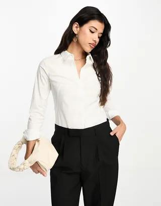 ASOS DESIGN long sleeve fitted shirt in stretch cotton in white