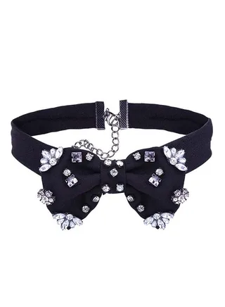 Bow Design Rhinestone Studded Collar Necklace Black/Clear 