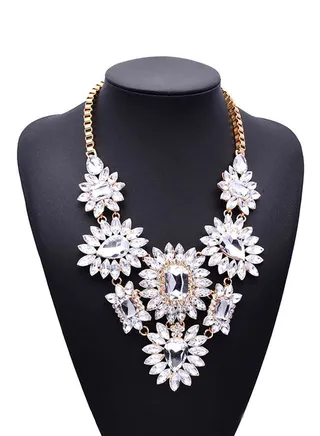 Stone Studded Bib Necklace White/Gold 