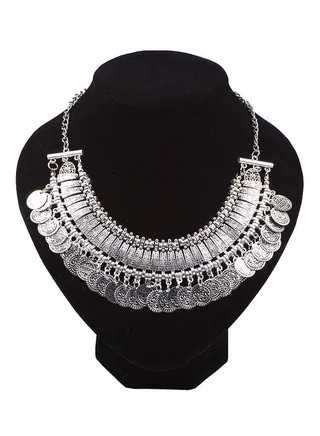 Vintage Carved Alloy Rhinestone Coin Tassel Choker Necklace Silver 