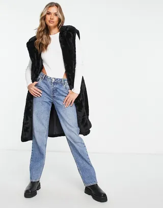 Threadbare Bee faux fur longline vest in black
