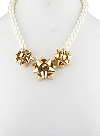 Brass Pearl Present Tie Statement Bib Necklace 