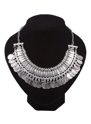 Vintage Carved Alloy Rhinestone Coin Tassel Choker Necklace 