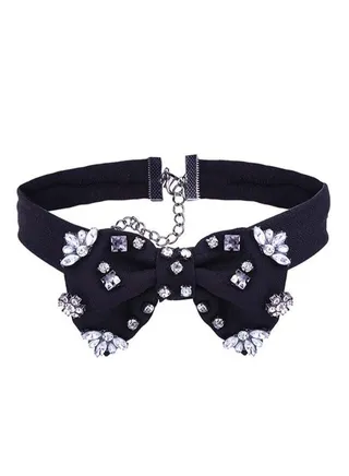 Bow Design Rhinestone Studded Collar Necklace Black/Clear 