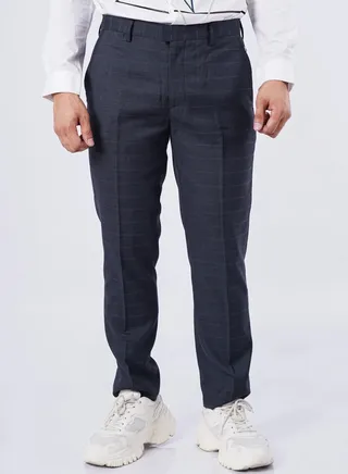 Men’s Checked Design Full Length Suit Pants in Mid Grey 