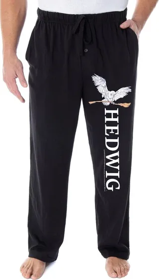 Harry Potter Adult Mens' Hedwig and Nimbus 2000 Broom Pajama Lounge Pants (2XL) Black