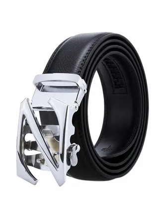 Genuine Leather Belt With Automatic Locking Buckle Black/Silver 