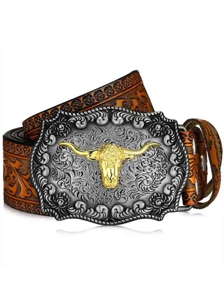 Western Leather Buckle Belts Cowboy Longhorn Bull Pattern Buckle Belt Floral Engraved Buckle Belt for Men (Camel,39 Inch) 