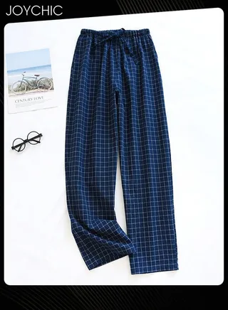 Washed Pure Cotton Men's Pajama Bottom Spring and Autumn Thin Japanese Style Plaid Pattern Home Pants Large Size Navy Blue 