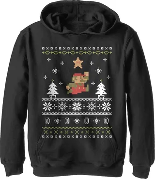 Boy's Nintendo Ugly Christmas Mario Pull Over Hoodie - Black - X Large