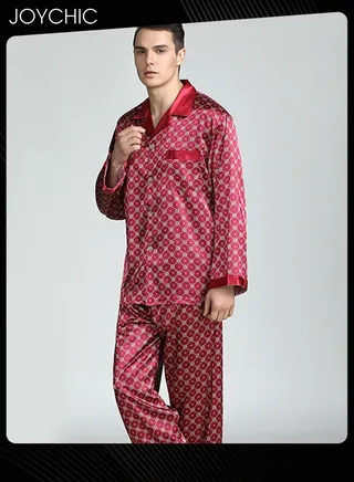 Modern Style Men's Printed Silk Pajamas Spring and Autumn  Lightweight Breathable Long-sleeved Nightgown Home Male Satin Soft Cozy Sleepwear Red 