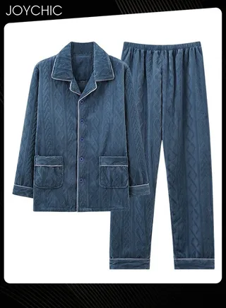 Coral Velvet Lapel Pajamas Set for Men Autumn and Winter Thickened and Velvet Warm Windproof Homewear Wear-resistant Long-sleeved Youth Bedroom Sleepwear Blue 
