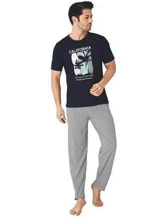 Turkish Cotton T-Shirt and Pants Pajama Set Homewear Loungewear Navy/Grey 