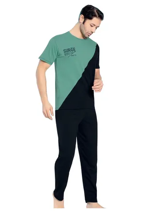 Turkish Cotton T-Shirt and Pants Pyjama Set Homewear Loungewear Green/Dark Navy 