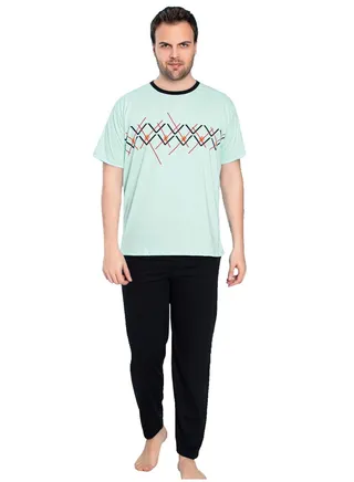 Turkish Cotton T-Shirt and Pants Pajama Set Homewear Loungewear Cyan/Dark Navy 