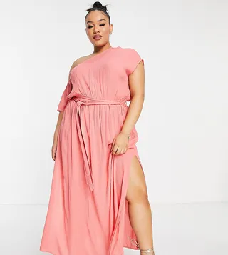 ASOS DESIGN Curve off shoulder tie waist maxi beach dress in rusty coral